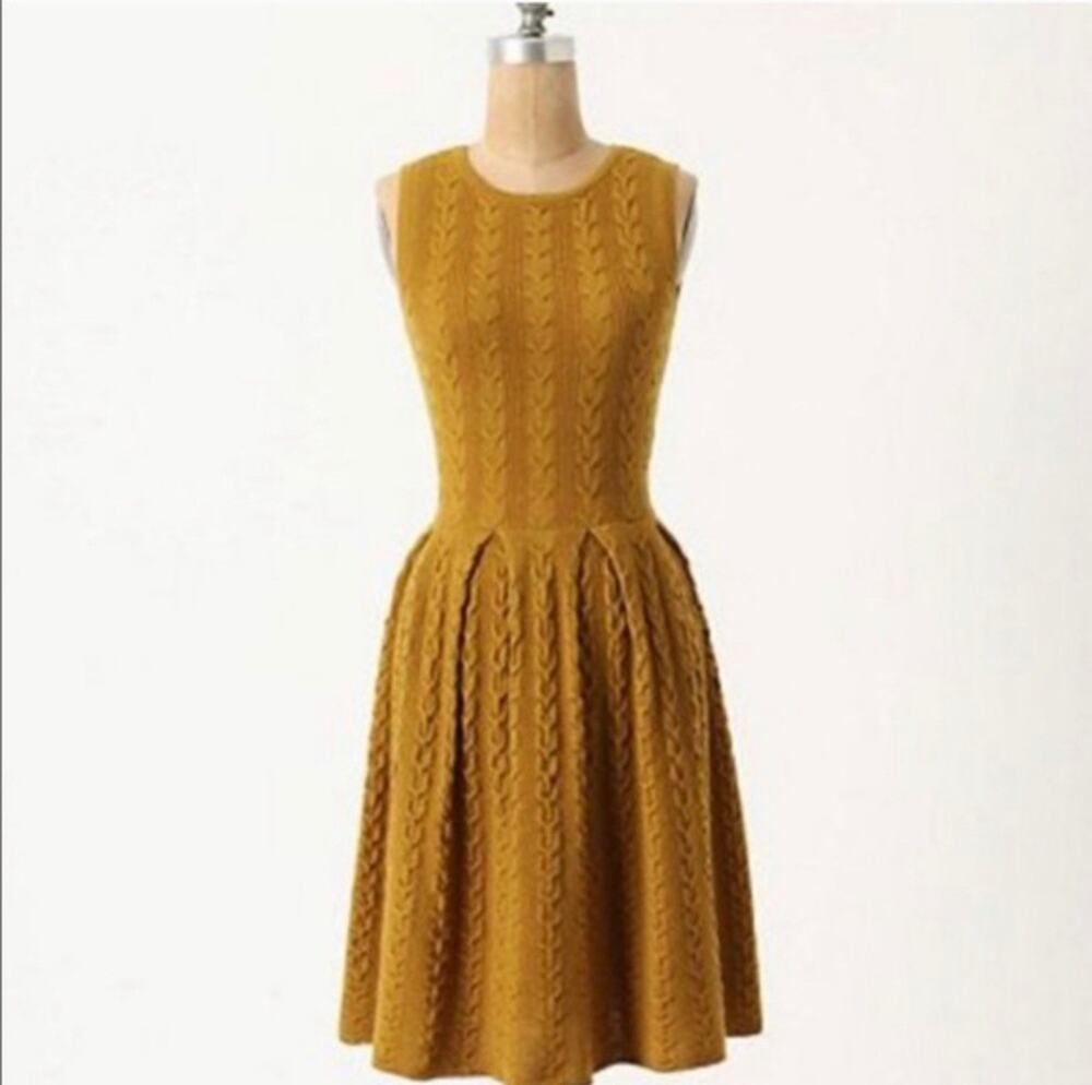 Anthropologie Far Away From Close Gold Wool Knit Sweater Dress Sz Medium